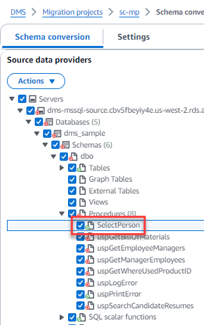 Vista de árbol de conversión de esquemas: proveedores de datos de origen