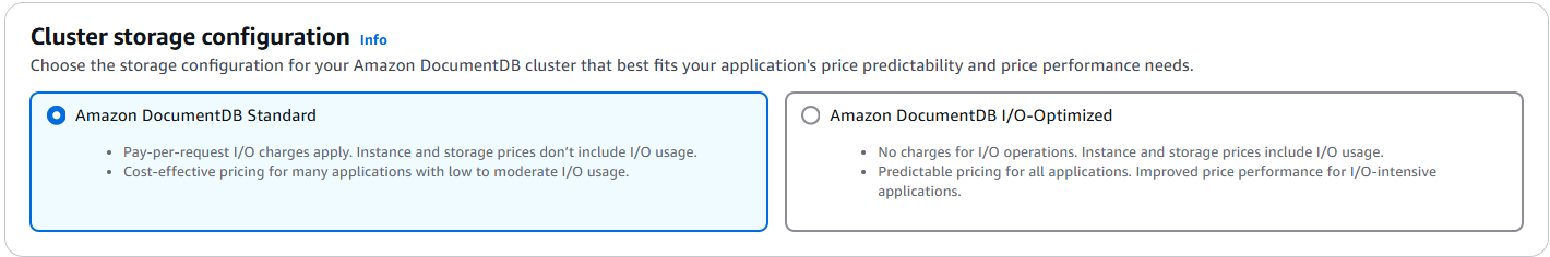 Storage type selection with Amazon DocumentDB Standard option highlighted and both storage types described.
