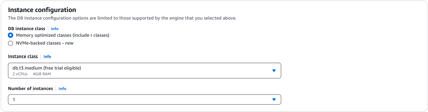 Configuration interface with default values for cluster identifier, engine version, and instance class, with number of instances set to one.