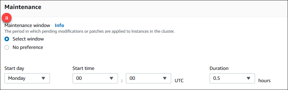 Screenshot of the Maintenance pane showing the steps to configure the cluster's maintenance window.