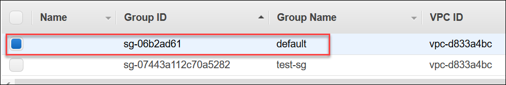 Image: Security groups list highlighting one security group with box selected.