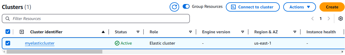 Amazon DocumentDB cluster management interface showing an elastic cluster