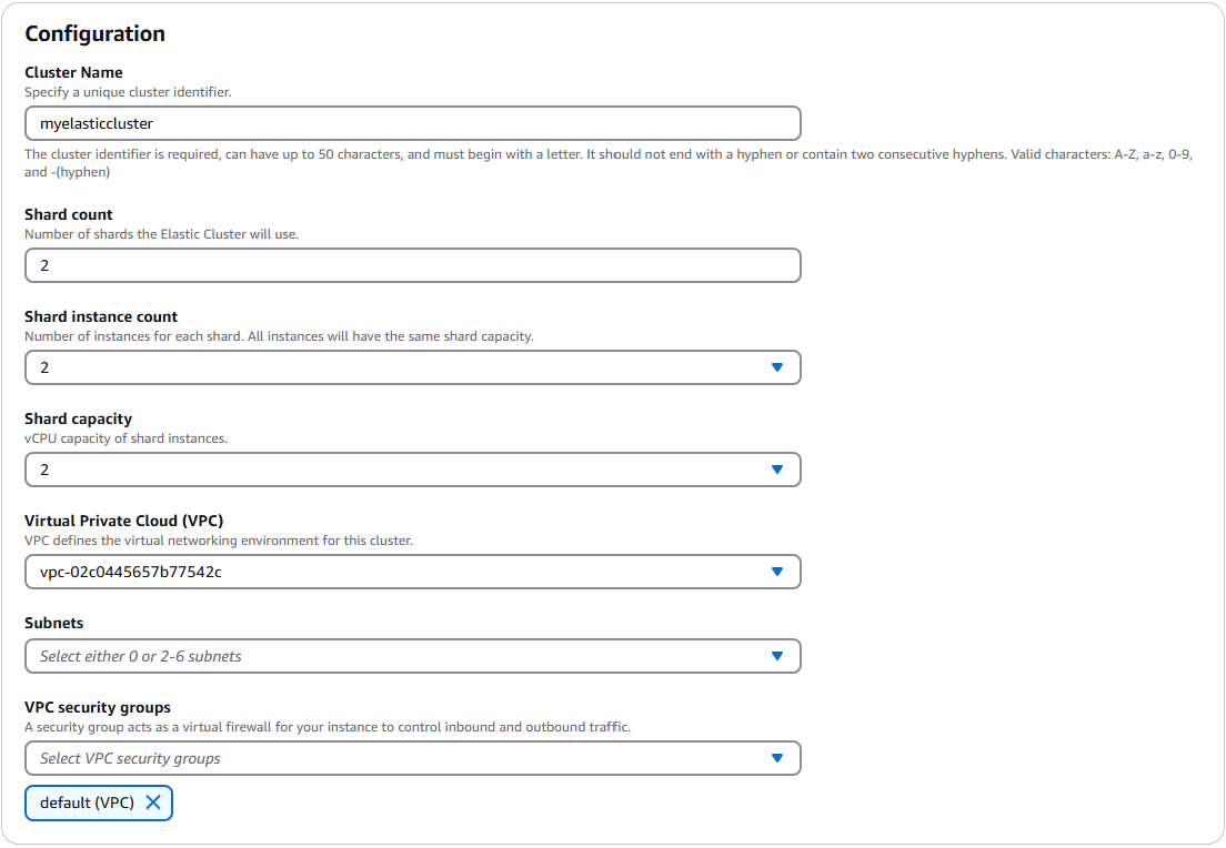 Elastic cluster configuration dialog displaying configurable fields.