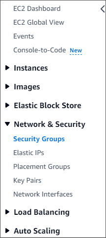 Amazon DocumentDB console navigation pane with Security Groups option selected in the Network and Security dropdown.