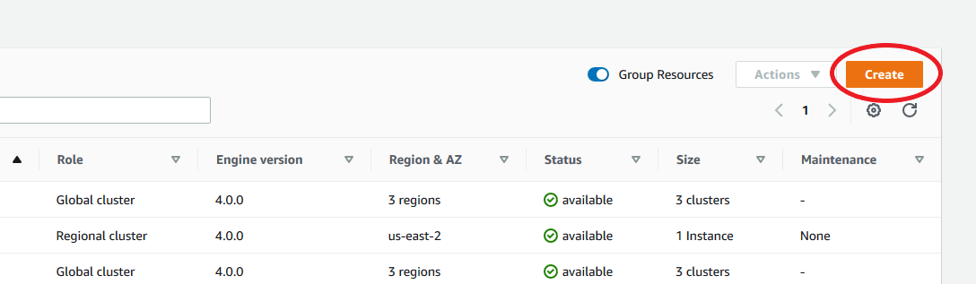 The Create button shown in the upper-right corner of the Clusters table.