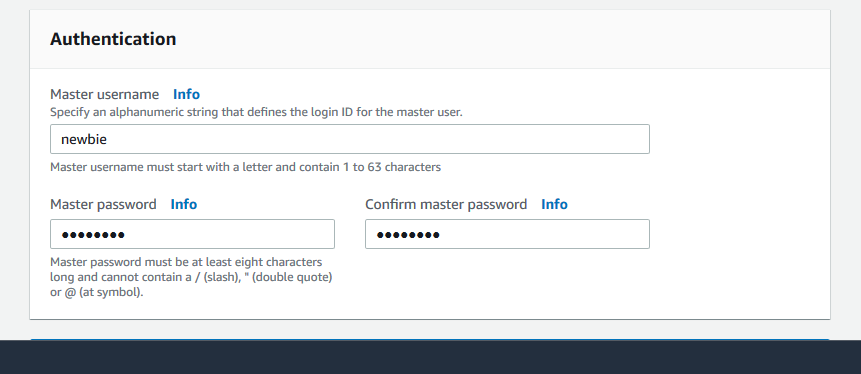 Authentication form to specify a master username and password for a new Amazon DocumentDB cluster.