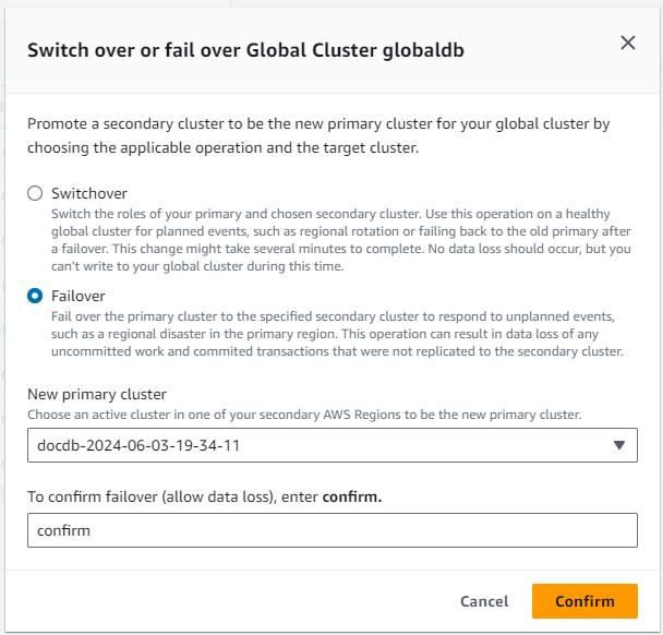 Image: Global cluster switchover or failover dialog box.