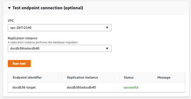 Image: Test endpoint connection dialog for the AWS DMS target showing two drop-down menus, a test button, and a list of executed tests.