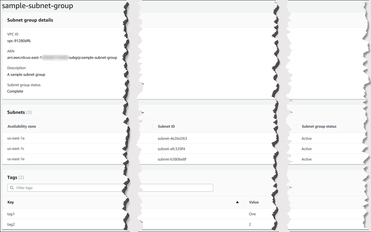 Screenshot: Showing the details of a subnet group.