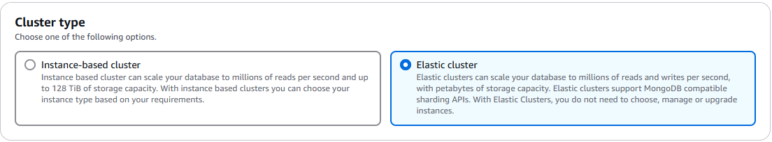 Elastic cluster Cluster type dialog displaying a choice of Instance-based clusters and Elastic clusters.