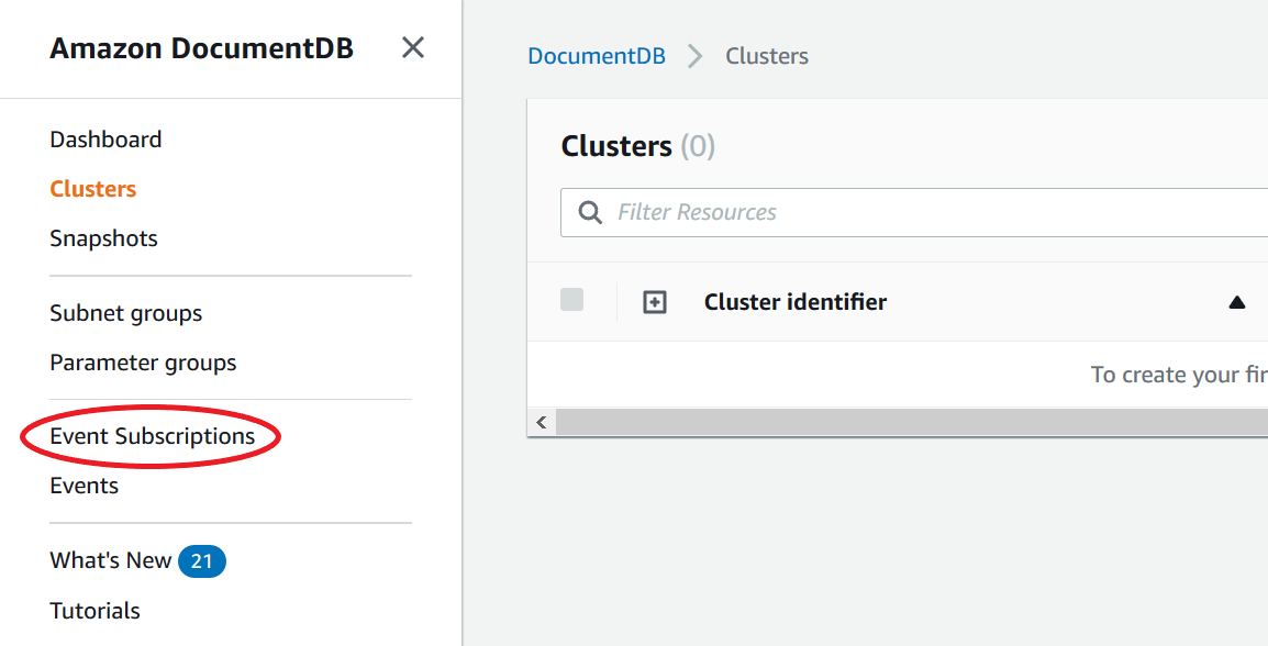 Amazon DocumentDB console navigation pane with Event Subscriptions option highlighted.