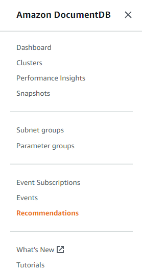 Amazon DocumentDB console navigation pane with Recommendations option selected.