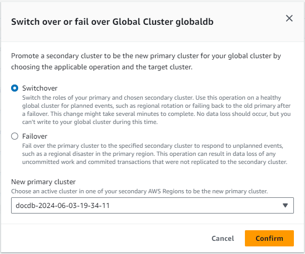 Image: Cluster switch over dialog with secondary cluster selected.