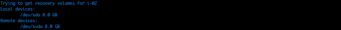 Terminal output showing local device /dev/sda and remote device /dev/xvda, both 8.0 GB.