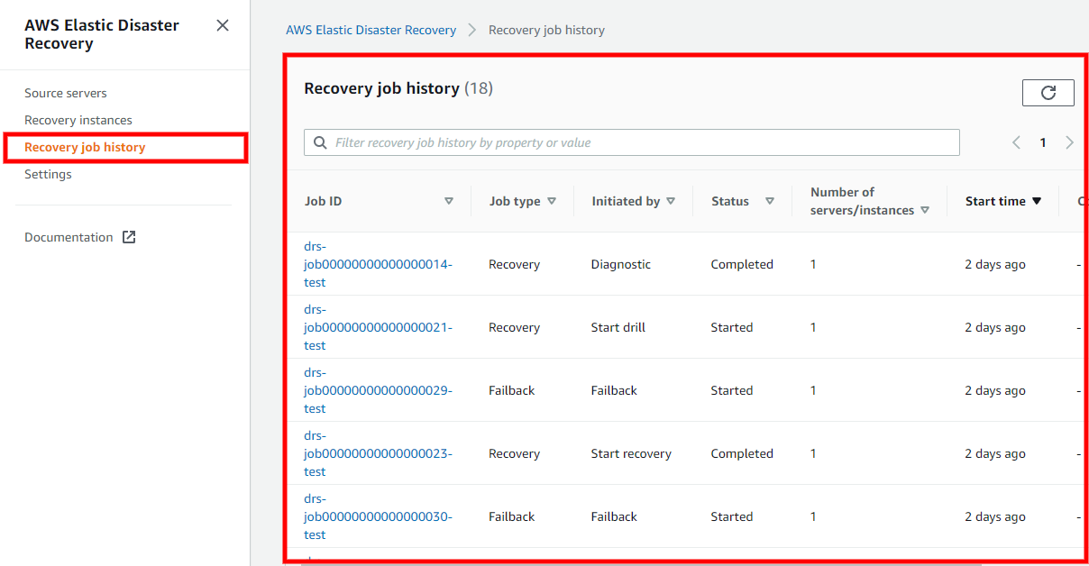 Recovery job history page showing table with job details such as ID, type, status, and start time.