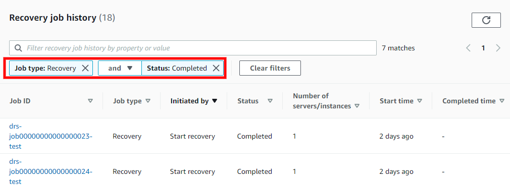 Recovery job history table filtered by Job type: Recovery and Status: Completed.