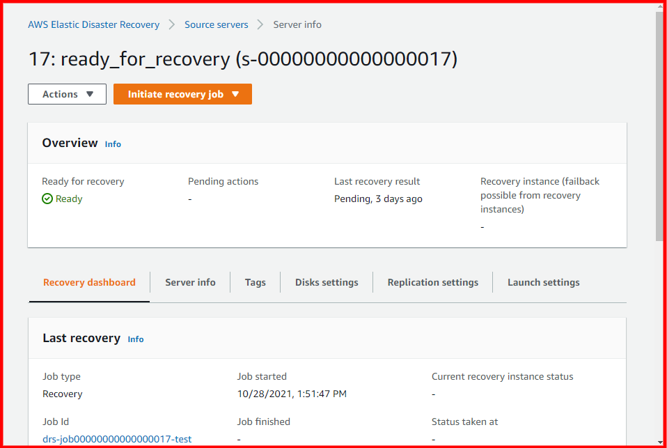 Recovery dashboard tab showing server status as Ready with last recovery result Pending from 3 days ago.