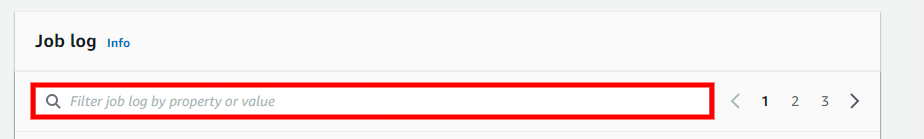 Filter job log by property or value search bar with pagination controls showing pages 1, 2, and 3.