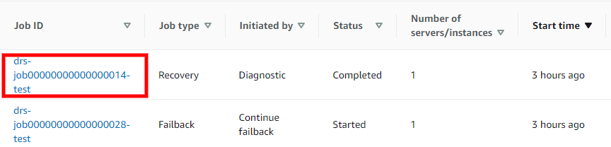 Job ID drs-job000000000000014-test highlighted in red box within jobs table.