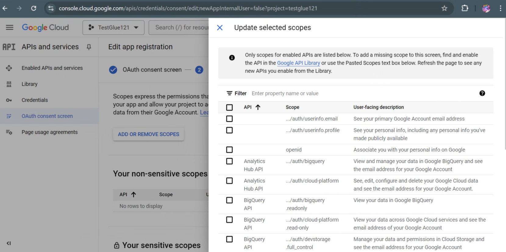 En la captura de pantalla se muestra la página de actualización de ámbitos seleccionados. Seleccione los ámbitos según sea necesario.