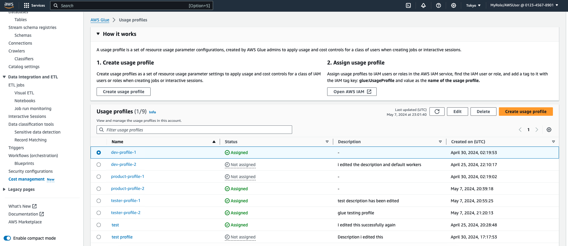 Un ejemplo de perfiles de uso configurados en AWS Glue.
