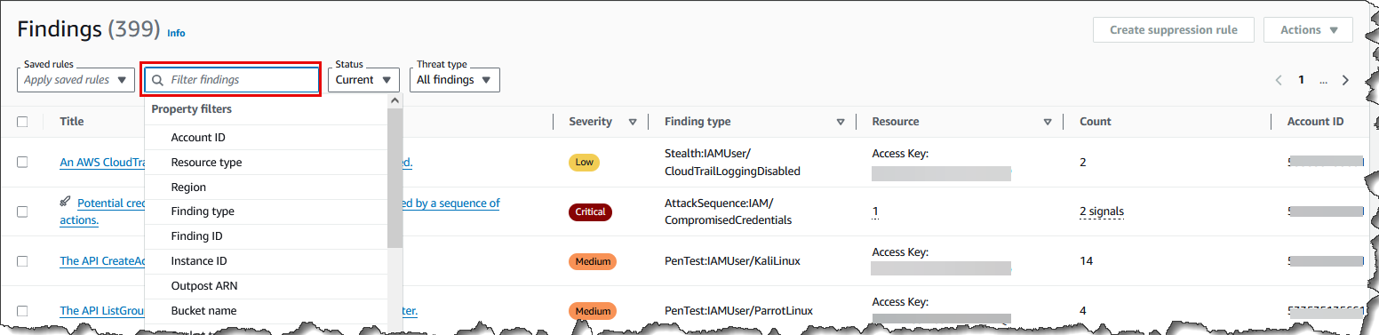 Seleccionar filtros de propiedades para filtrar los resultados en la consola de GuardDuty.