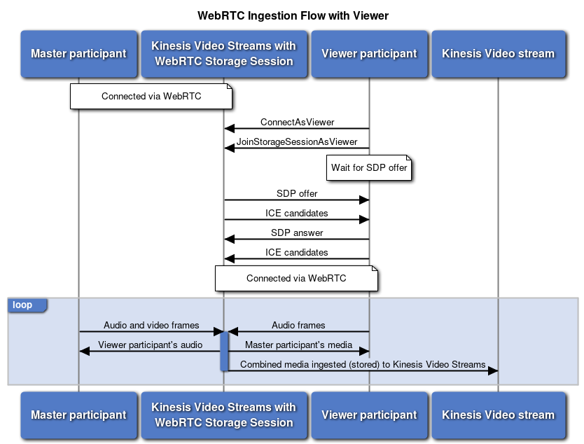 Diagram showing WebRTC ingestion flow with viewer between master participant, storage session, viewer participant, and stream.