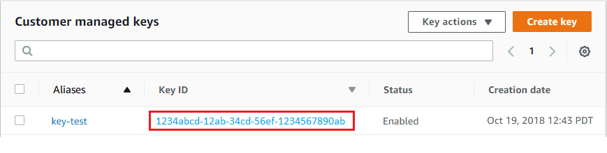 Claves administradas por el cliente table showing Key ID for a single key-test alias.