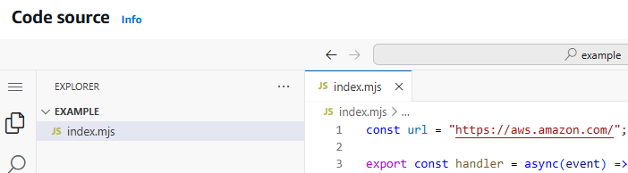 Editor de código de la consola de Lambda.