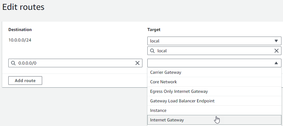 Adición de destino para la nueva ruta