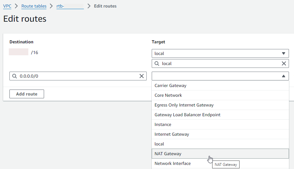 Adición de destino para la nueva ruta