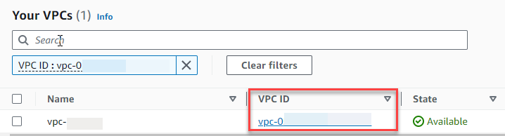 Lista de VPC filtrada en la consola de Amazon VPC