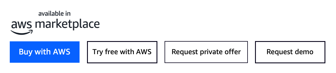 AWS Marketplace call-to-action botones: Comprar con AWS, Probar gratis con AWS, Solicitar una oferta privada y Solicitar una demostración