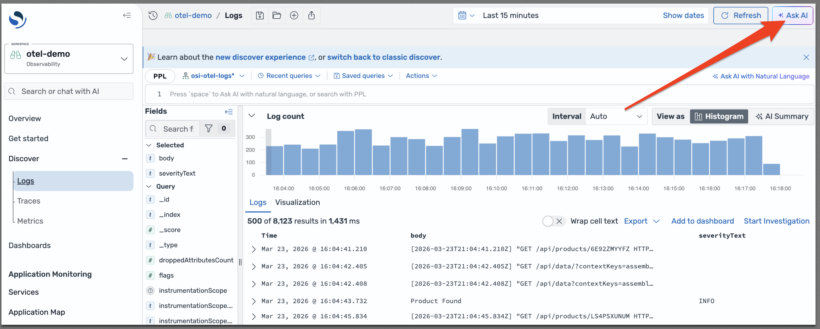 La página Descubre de la OpenSearch interfaz de usuario con el botón Preguntar a AI resaltado en la esquina superior derecha.