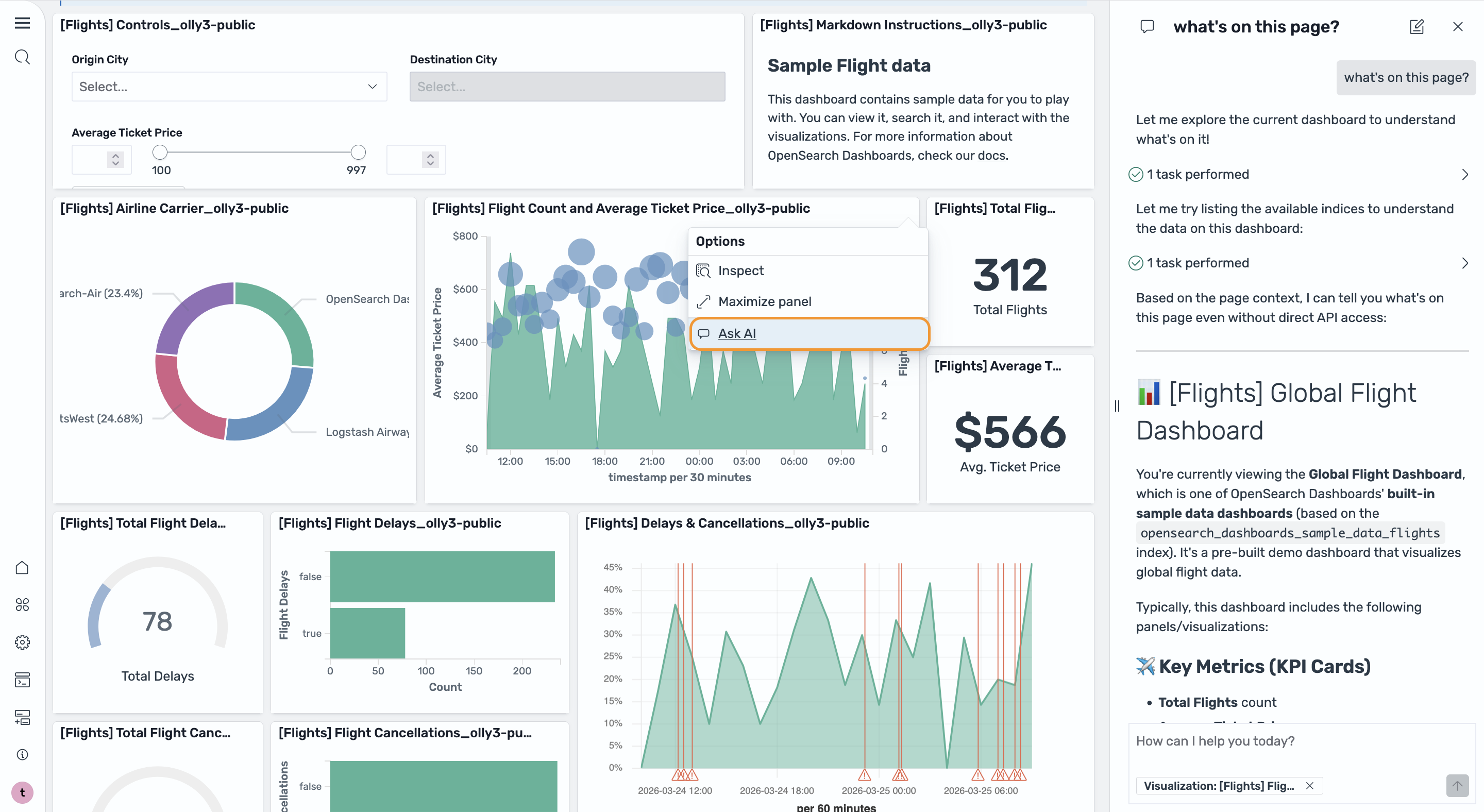 Una visualización en la OpenSearch interfaz de usuario que muestra la opción Preguntar a AI en el menú contextual, con el panel de Agentic Chat analizando la visualización.