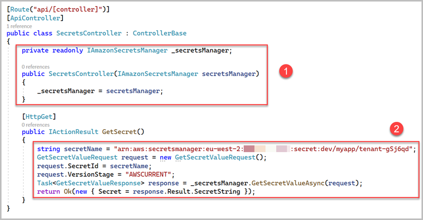 Changes to the controller class file for retrieving secrets from Secrets Manager