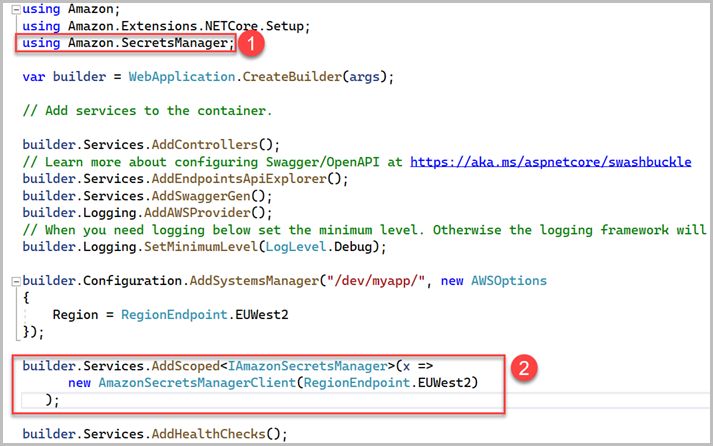Changes to Program.cs file for accessing Secrets Manager