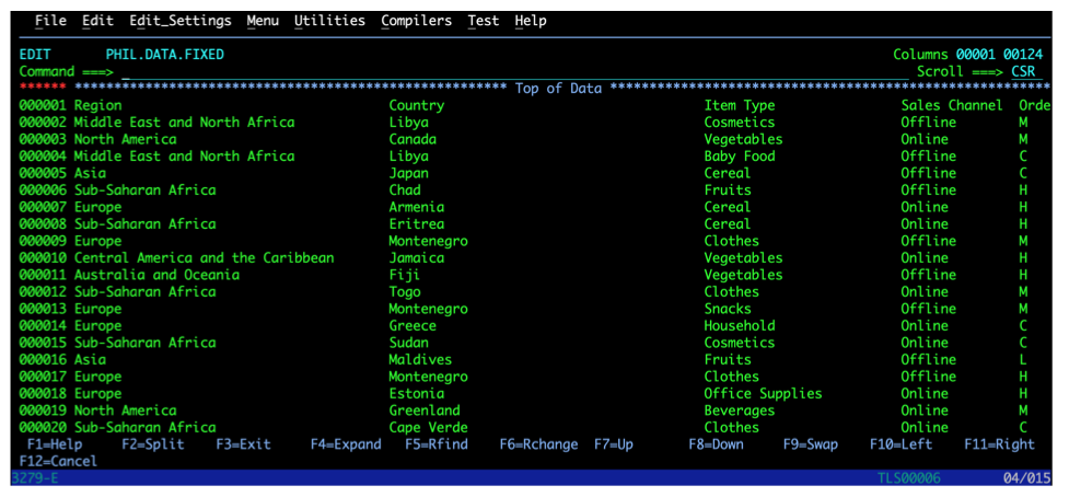 Viewing the contents of the dataset in z/OS.
