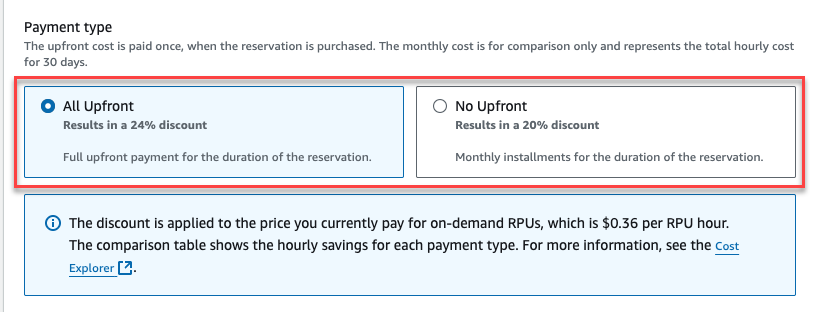 Payment type options: All Upfront with 24% discount or No Upfront with 20% discount.