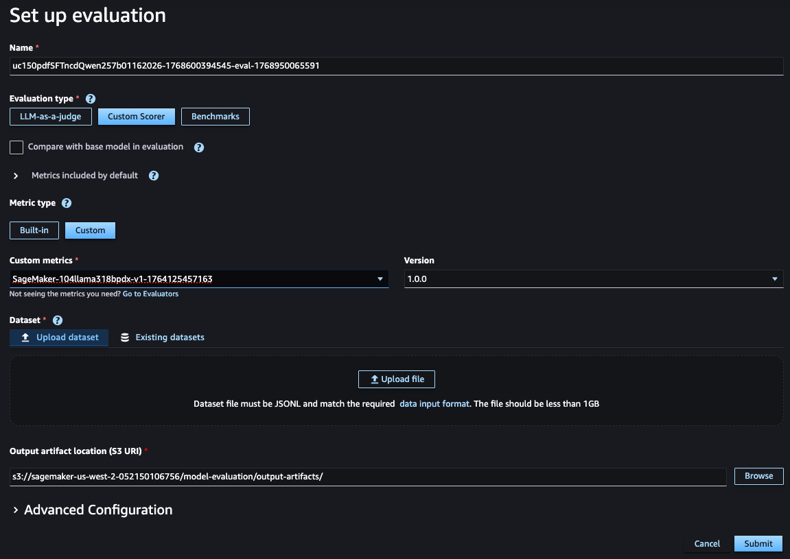 Envíe el trabajo de evaluación de Custom Scorer haciendo referencia a la función de recompensa preestablecida registrada en Custom Scorer > Métricas personalizadas.
