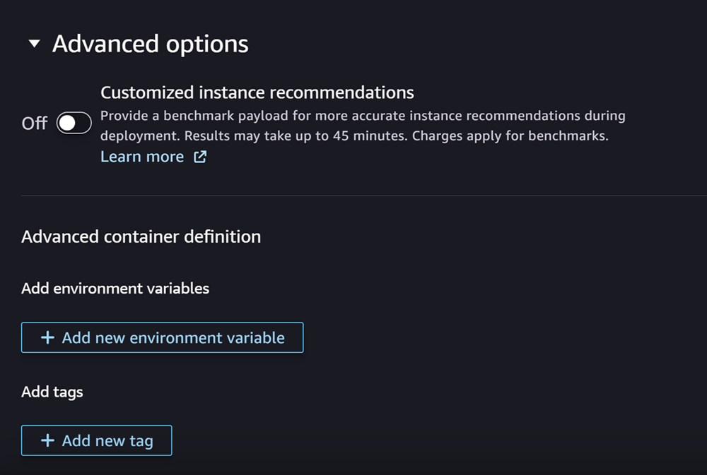 Captura de pantalla de la sección Opciones avanzadas para crear un modelo en Studio