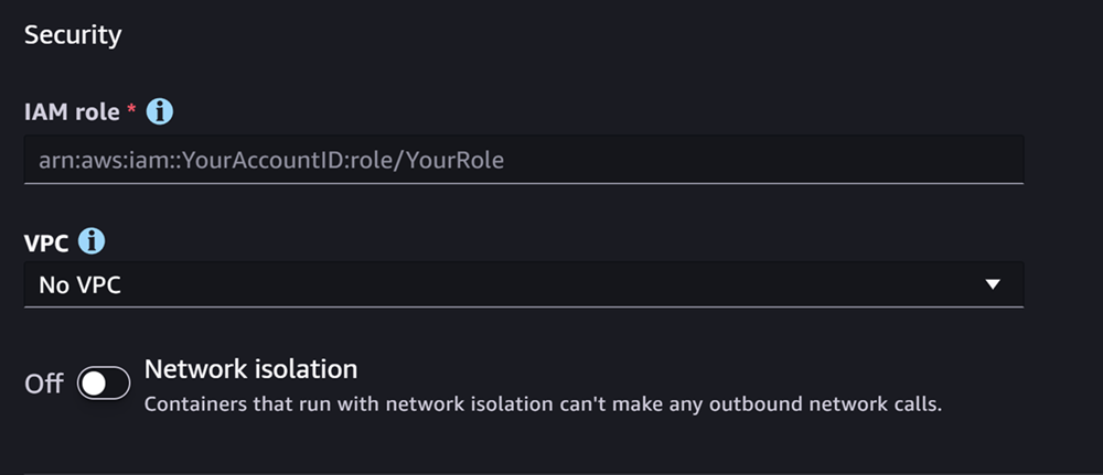 Captura de pantalla de la sección Seguridad para crear un modelo en Studio