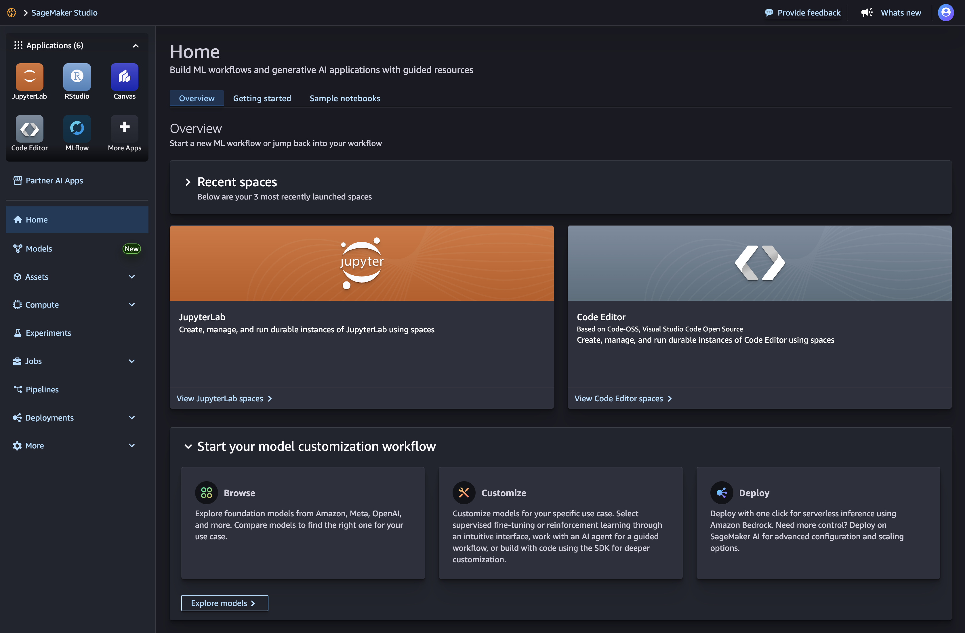 Interfaz de Amazon SageMaker Studio con acceso a JumpStart.