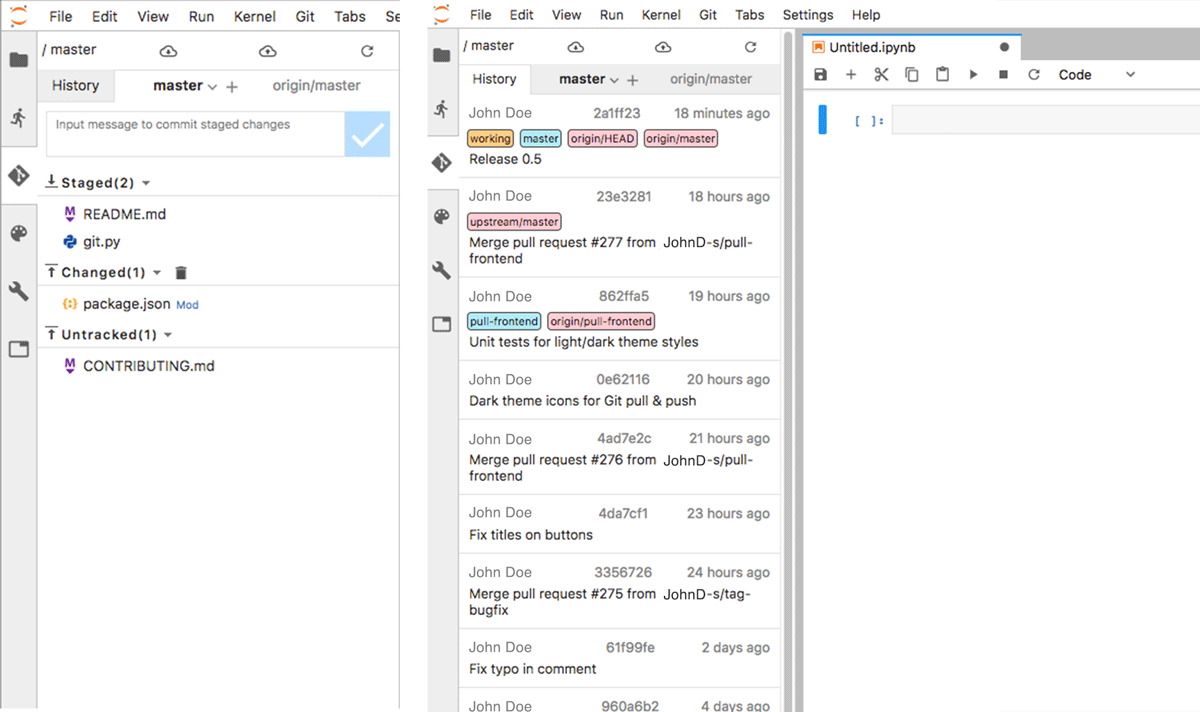 Ejemplo de la extensión jupyter-git en. JupyterLab