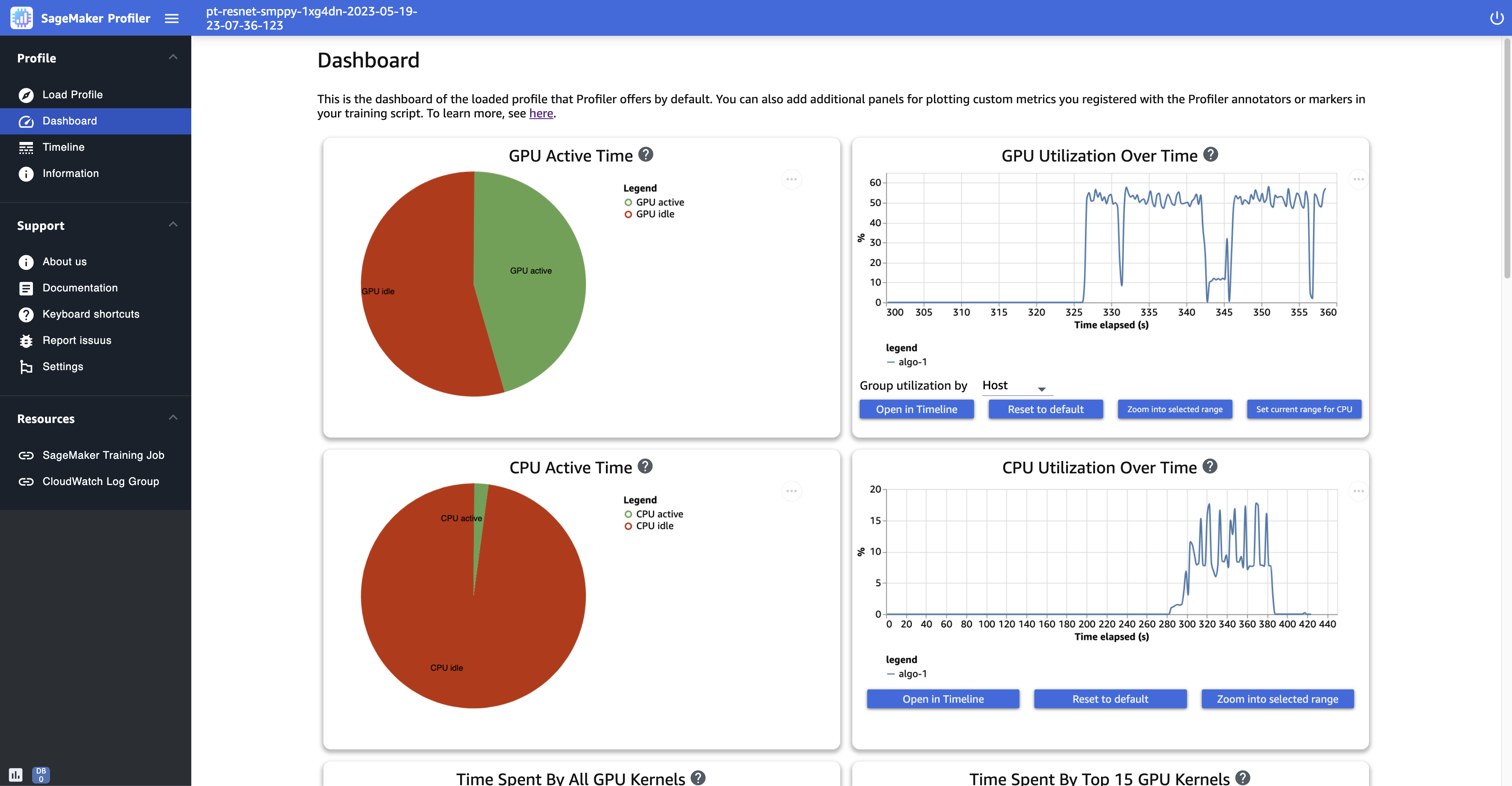 Captura de pantalla de la página de Dashboard (Panel de control) de la interfaz de usuario de Generador de perfiles de SageMaker