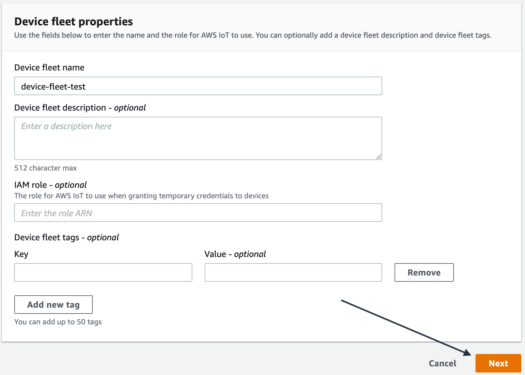 Ubicación del botón Siguiente en la sección Propiedades de la flota de dispositivos de la consola