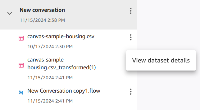 Los artefactos, que son un conjunto de datos y un conjunto de datos transformado, se muestran en la barra lateral de un chat de Q Developer.
