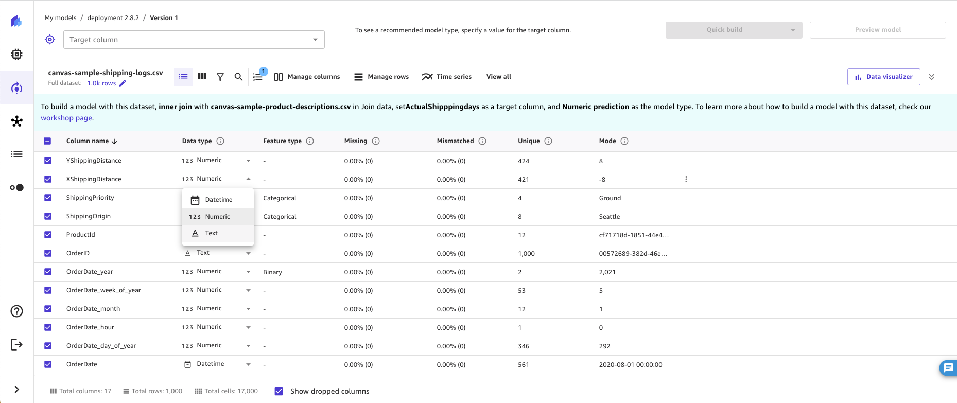 El menú desplegable de conversión de tipos de datos de una columna, que se muestra en la pestaña Crear.