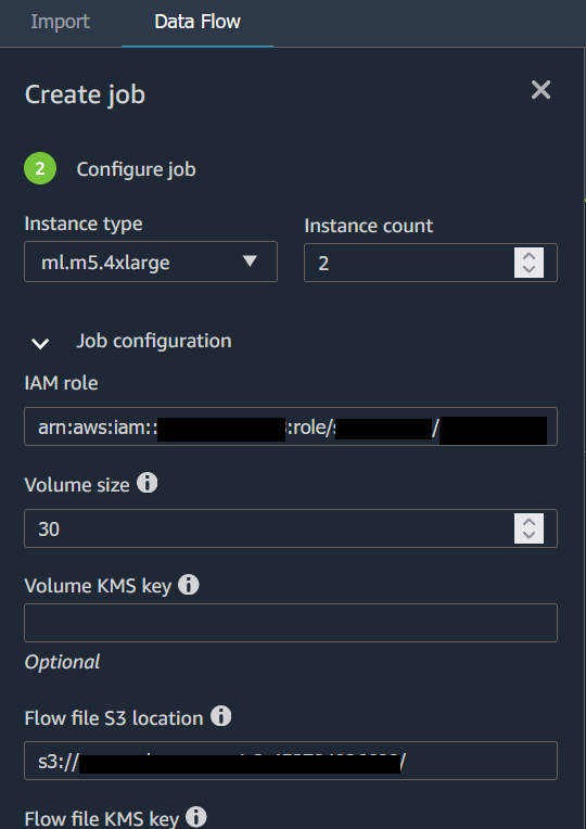 Ejemplo de página de trabajo de configuración del flujo de datos en la consola de Data Wrangler.
