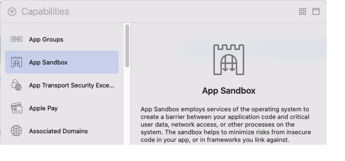 App Sandbox capability description with icon and explanation of its security function.
